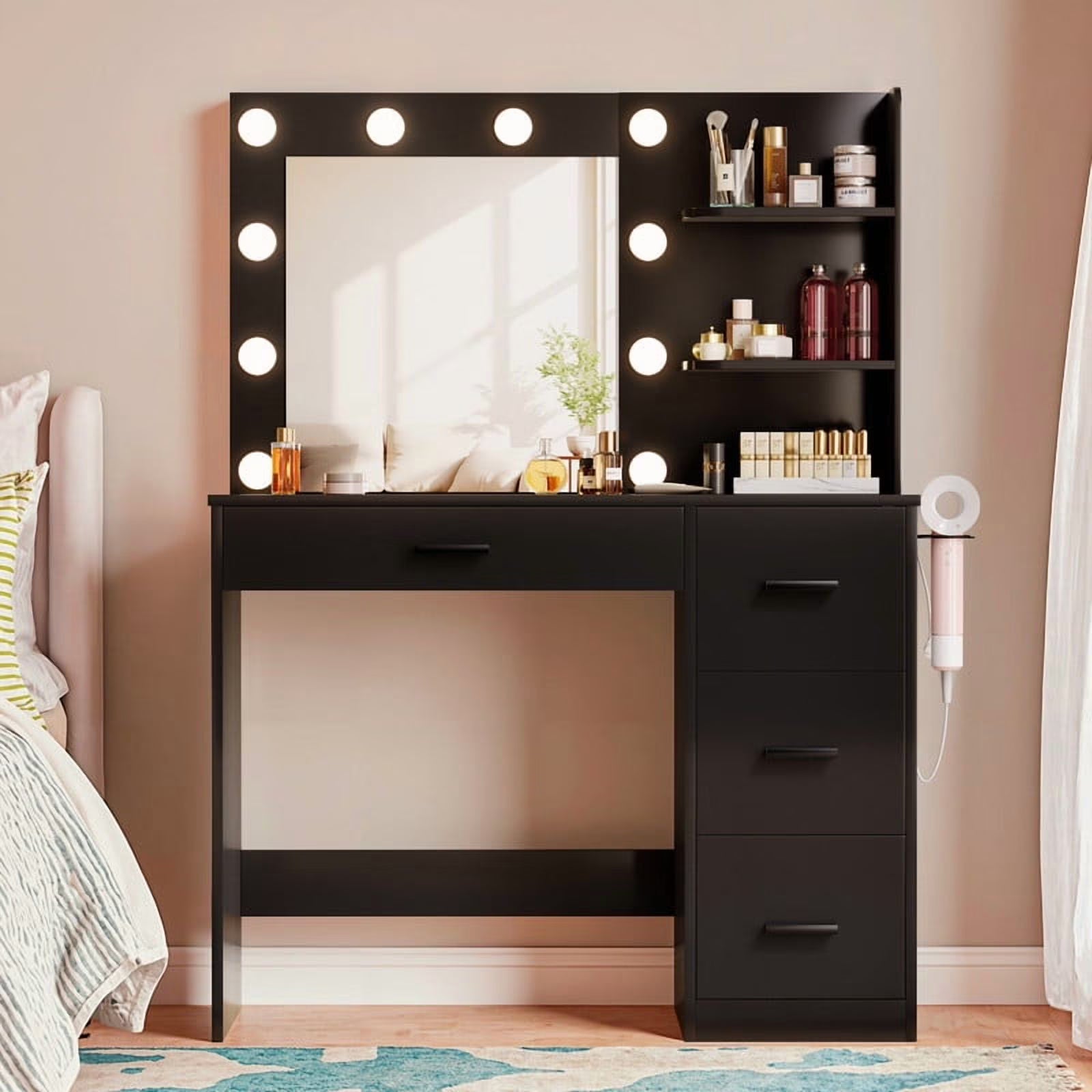 Lacoo Vanity Desk with Mirror and LED Lights, Makeup Vanity with 7 Drawers & 4 Shelves, Vanity Table with Power Outlet for Bedroom Dressing Room, White