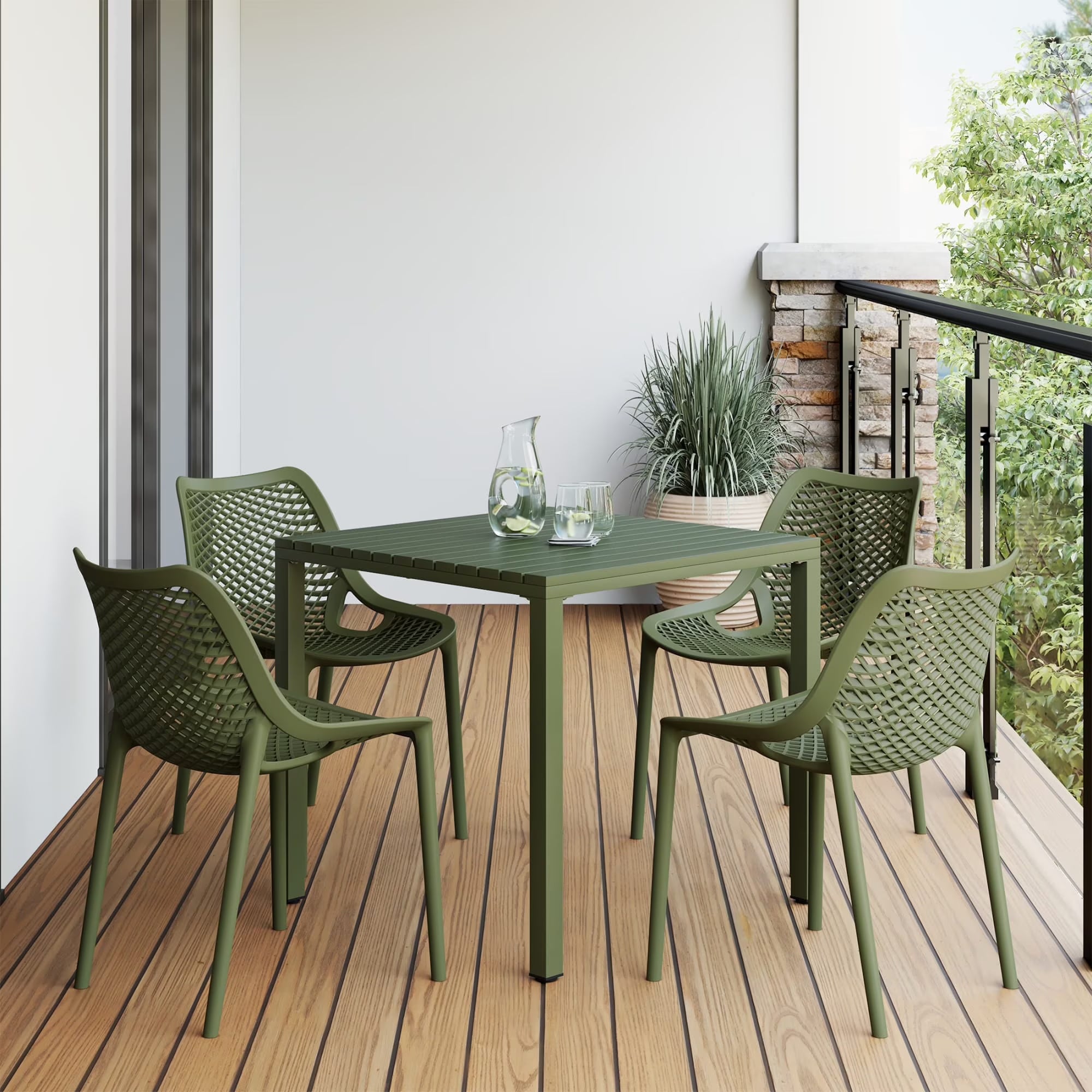 Playa 5-Piece Outdoor Patio Metal Frame Dining Table Set with Stackable Patio Dining Chairs, Olive Green