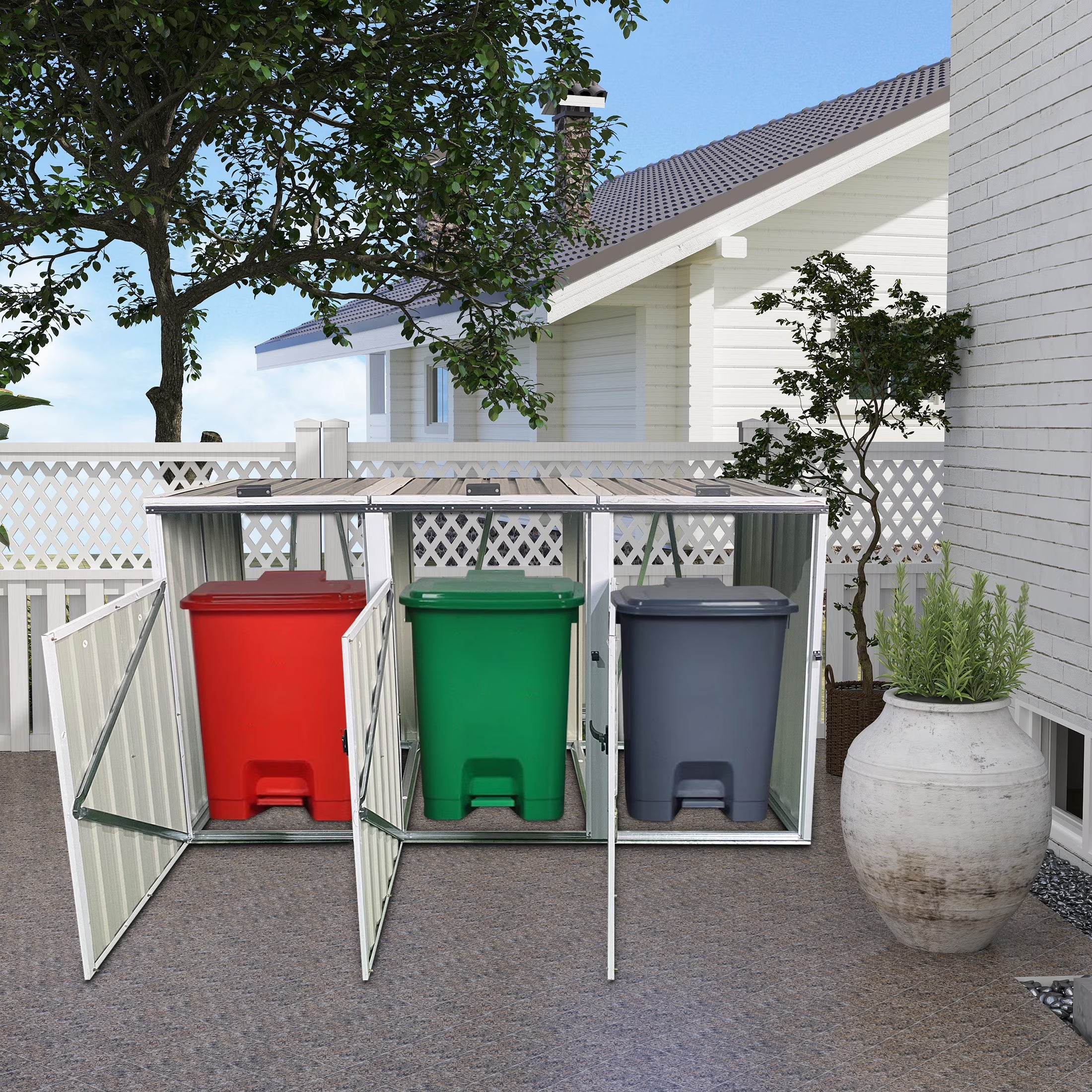 7.3' W Outdoor Garbage Bin Storage, Metal Storage Shed for 3 Trash Cans Tools, Waterproof Trash Can Storage