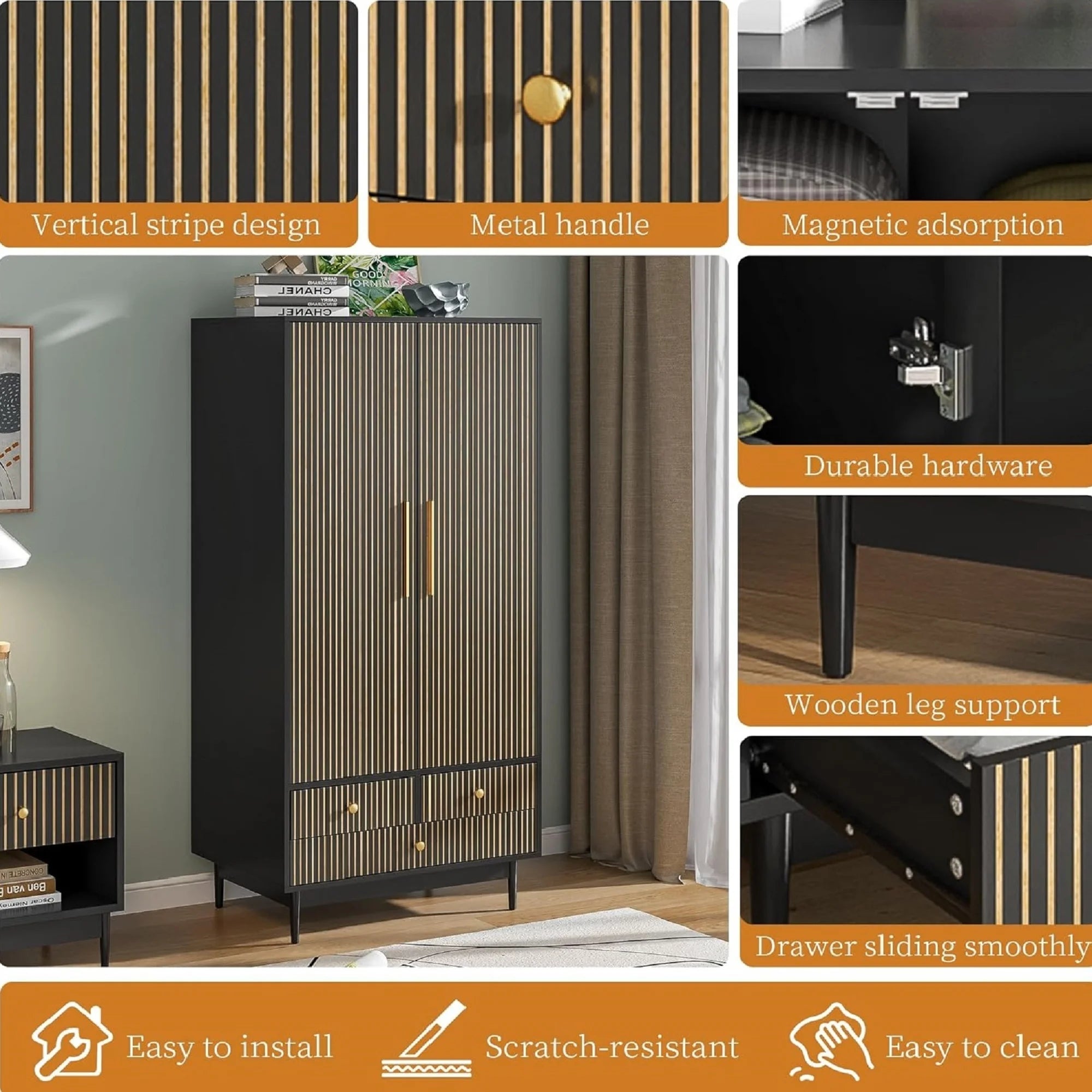 Armoire Wardrobe Closet with 2 Doors, Wardrobe Cabinet with Hanging Rod and Drawers, Wooden Closet for Bedroom, White