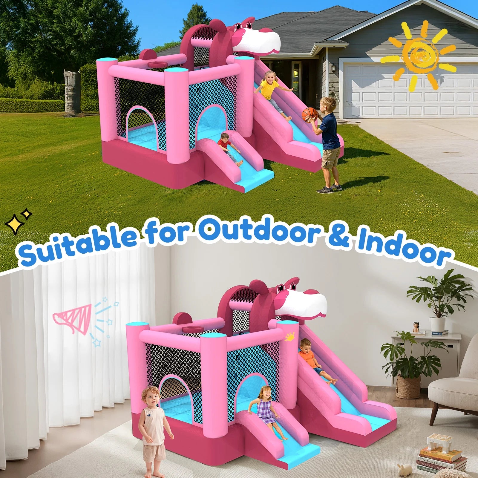 Mukidy 114''x 114'' x 92.5'' Inflatable Bounce Houses for Kids 3-10 with Blower Double Slide and Ball Pit/Indoor Bouncy House, PVC, Child, Teen, Toddler��Blue