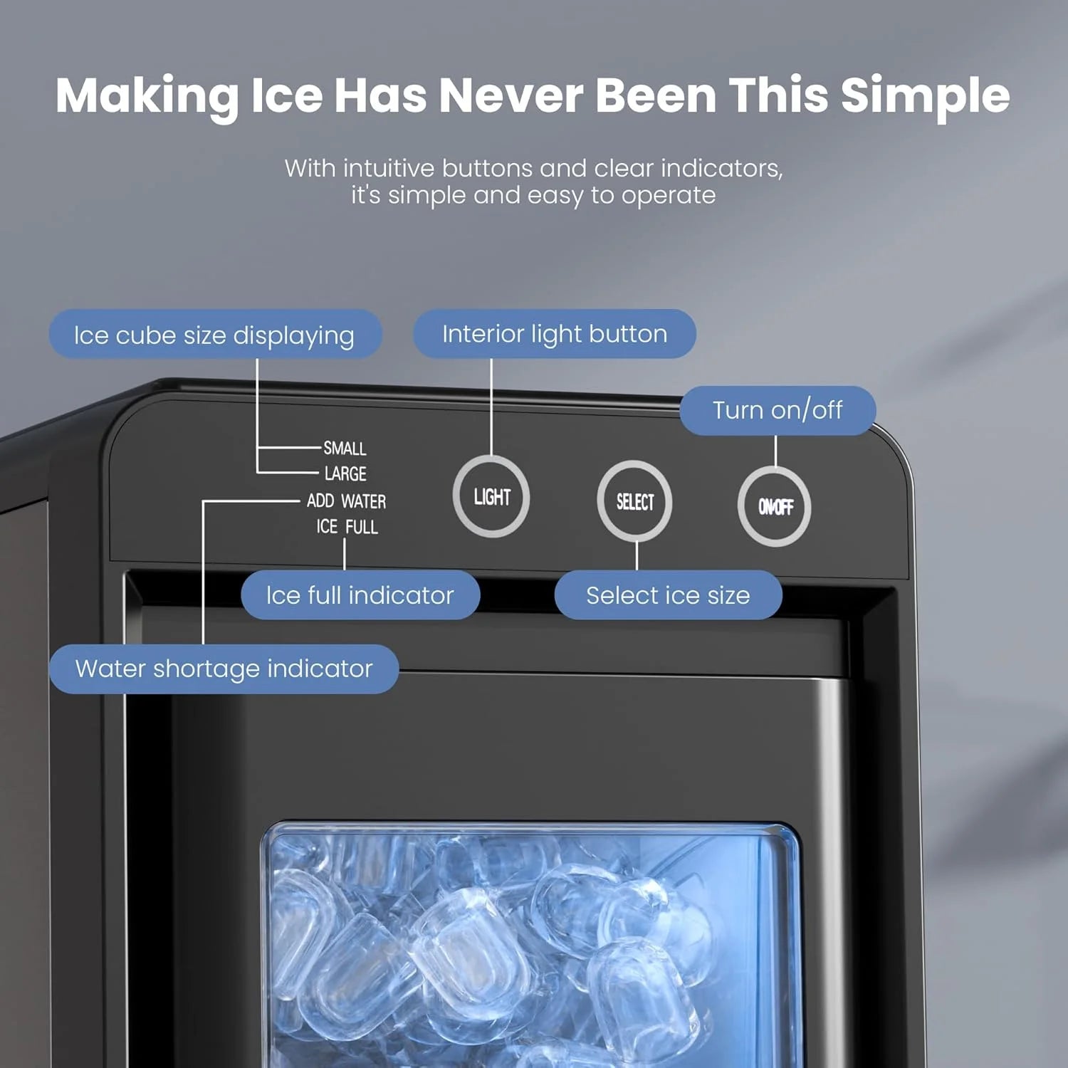 Moifoi Ice Maker Countertop, 26 lbs/24 H, 8 Pcs Ice  in 6 Mins, Portable Ice Maker Machine with Self-Cleaning, Interior Lighting,  2 Sizes Bullet Ice, Black