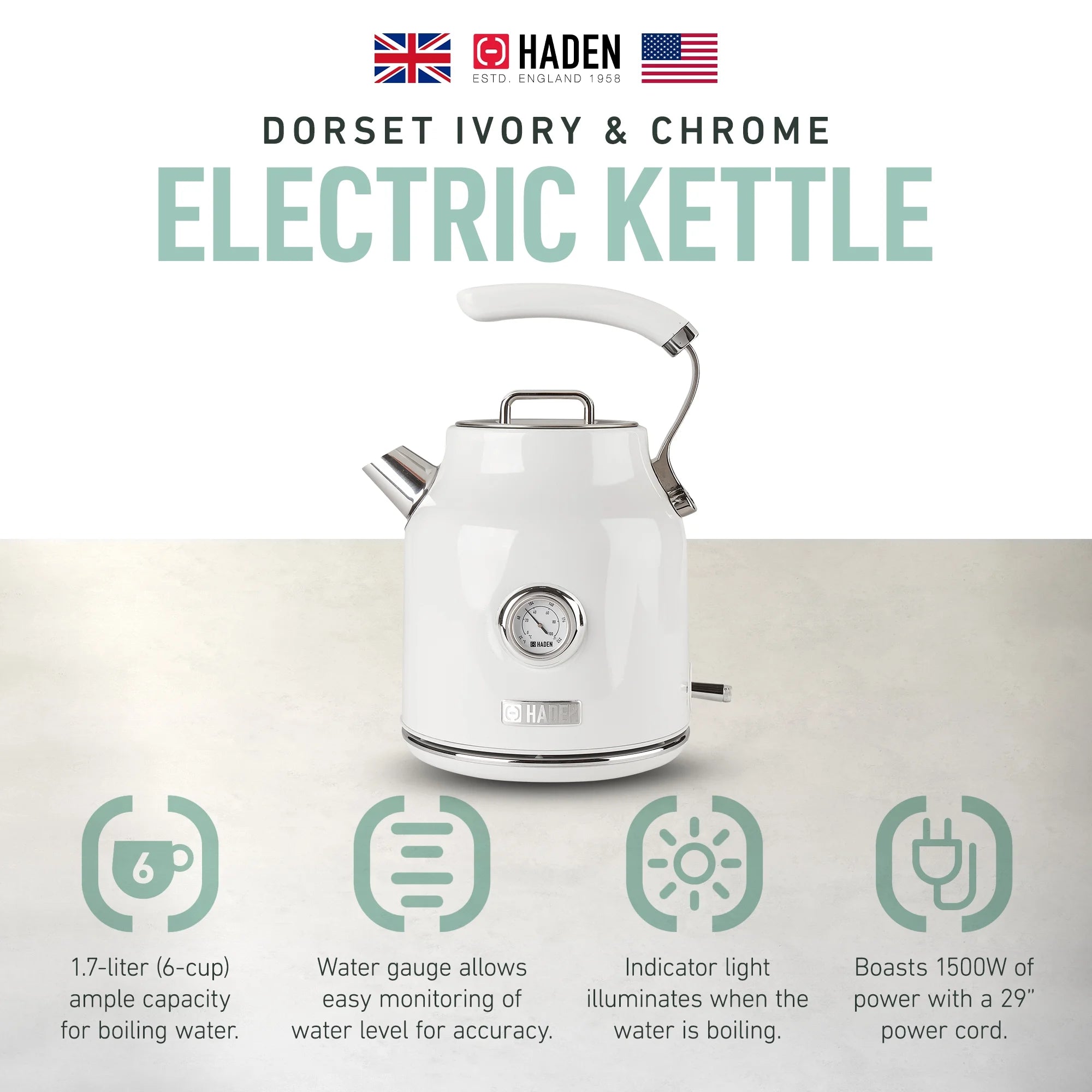 Haden Dorset 1.7 Liter Electric Water Kettle with Base, Putty & Chrome