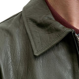 Men's Olive Green Shirt Collar Leather Jacket