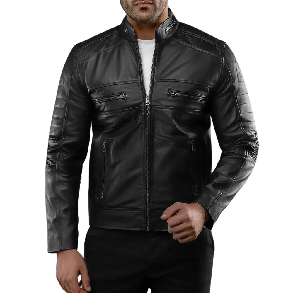 Men's Real Sheepskin Black Cafe Racer Leather Jacket