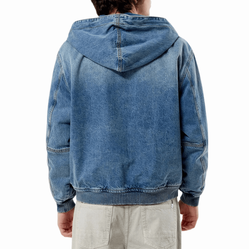 Mens Blue Denim Hooded Bomber Jacket