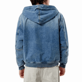 Mens Blue Denim Hooded Bomber Jacket