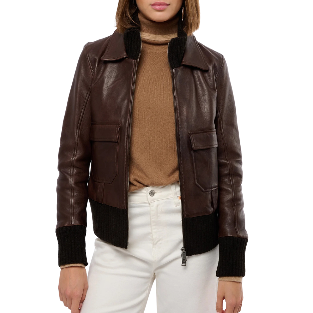 Womens Real Aviator Brown Leather Bomber Jacket