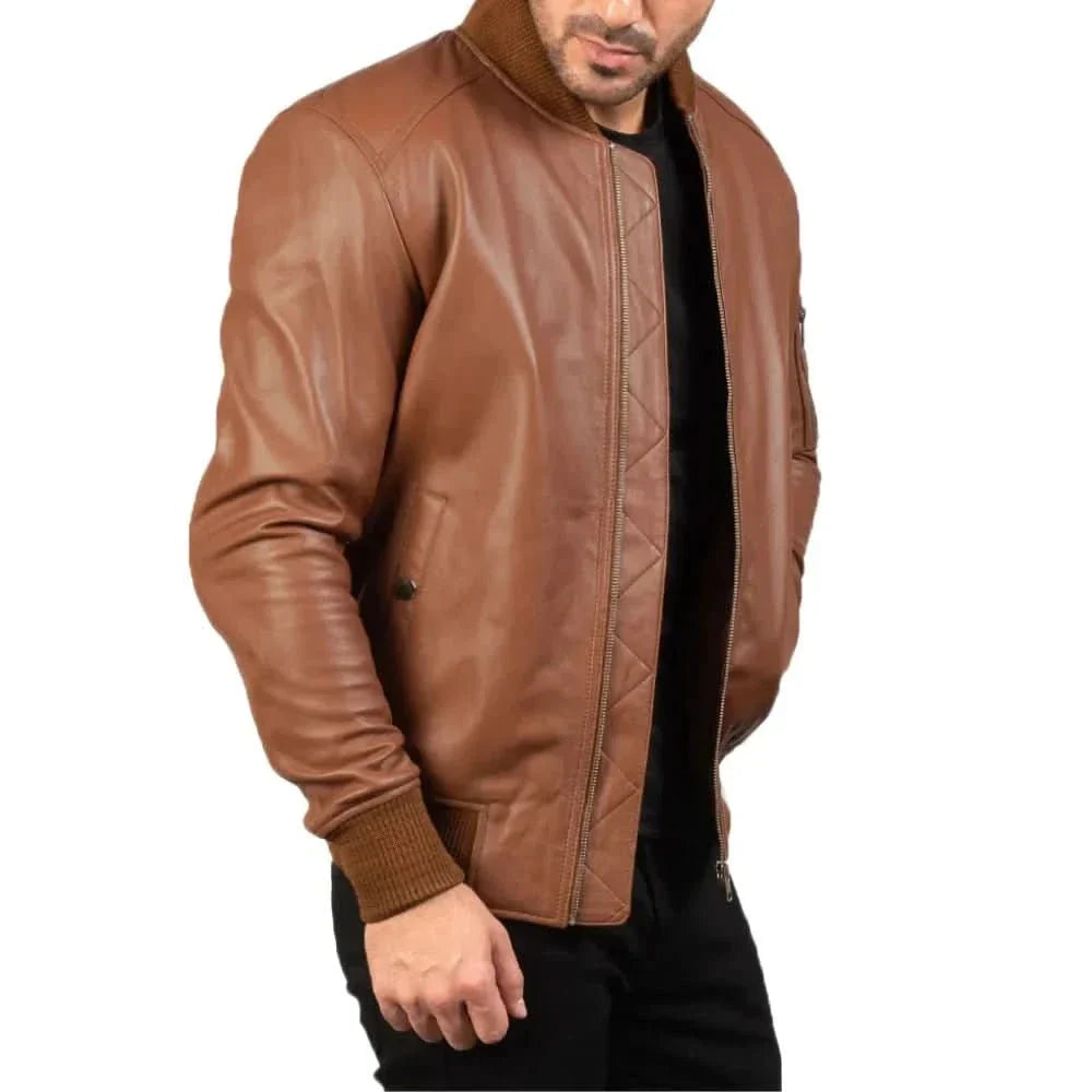 Brown Leather Bomber Jacket For Men's
