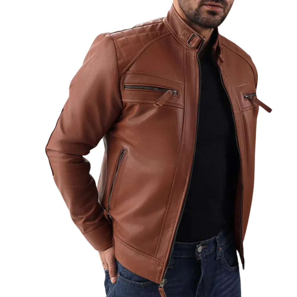 Men's Quilted Shoulders Brown Biker Leather Jacket