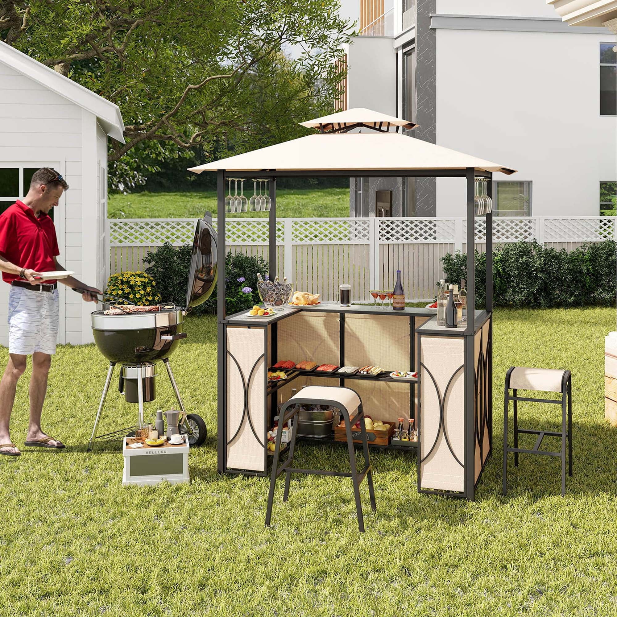 Costway 3 PCS Patio Bar Set with Tempered Glass Bar Table Metal Storage Shelves for Garden Grey