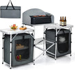Camping Kitchen Table with Storage, Aluminum Portable Outdoor Cooking Table with Windscreen, Foldable Camp Table Cook Station for BBQ, Grill, Party, Picnics