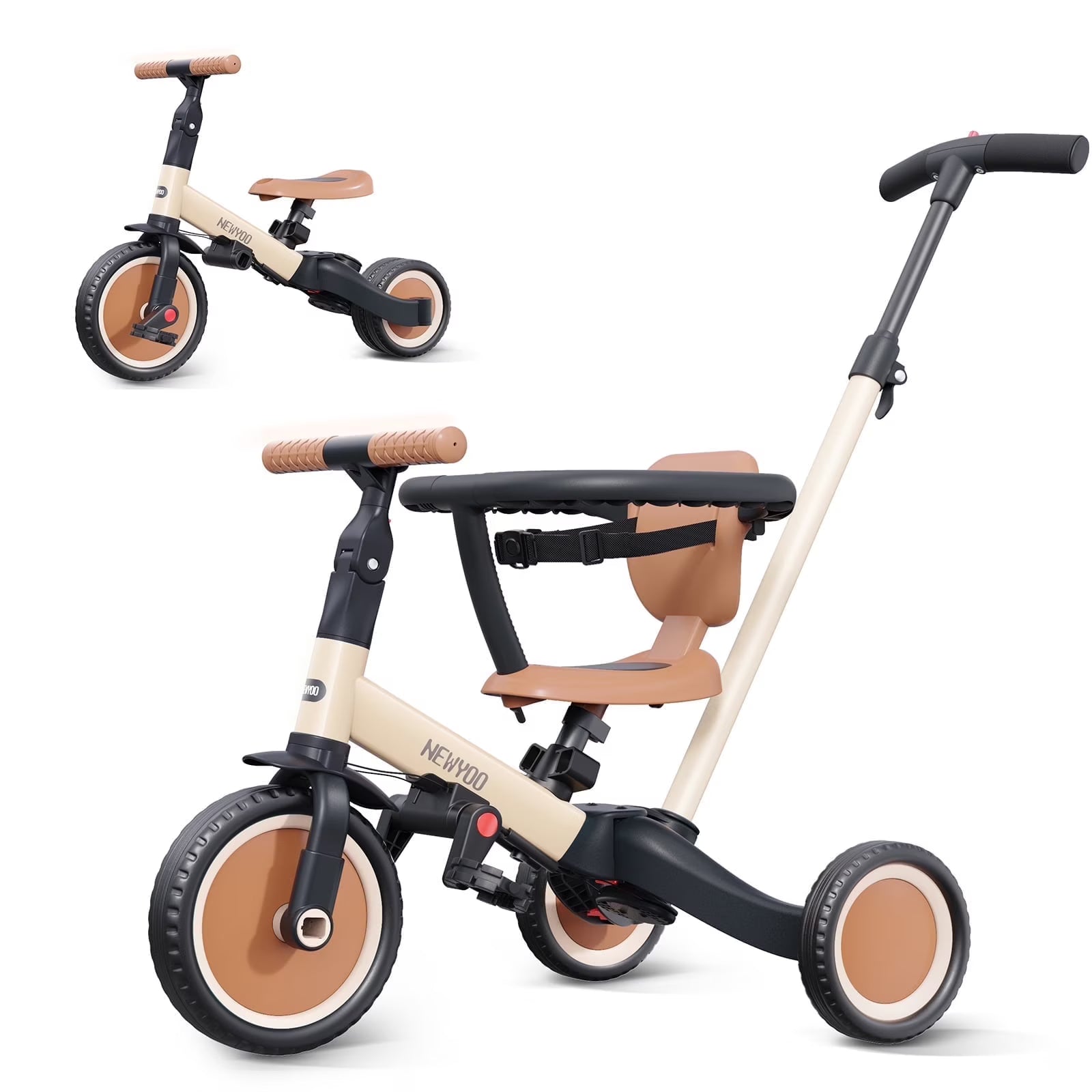TR008 5-in-1 Toddler Tricycle with Push Handle, Converts to Balance Bike for 1-3 Year Old, Khaki