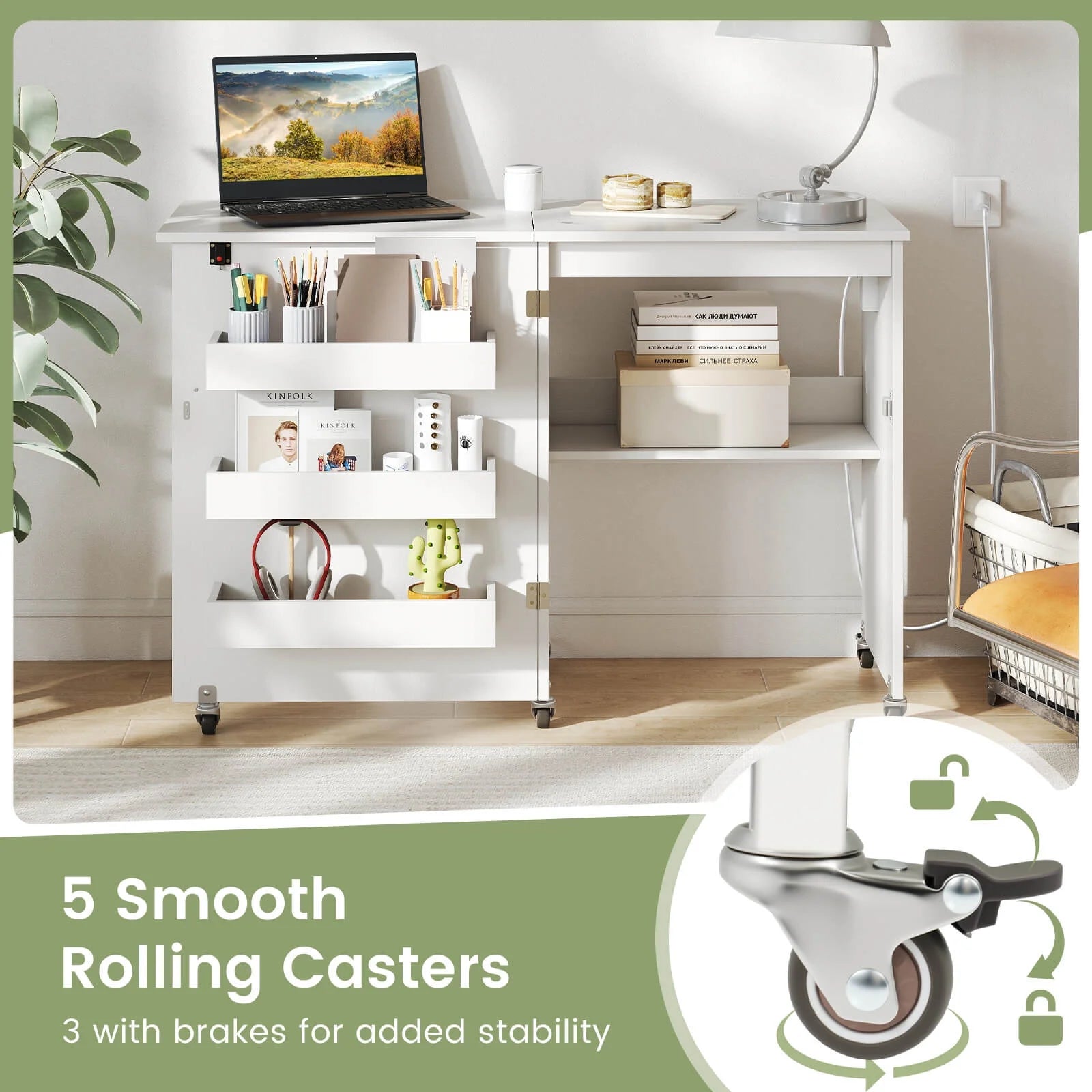 Costway Folding Sewing Table Rolling Craft Station with 3 Storage Bins & Charging Station White+natural