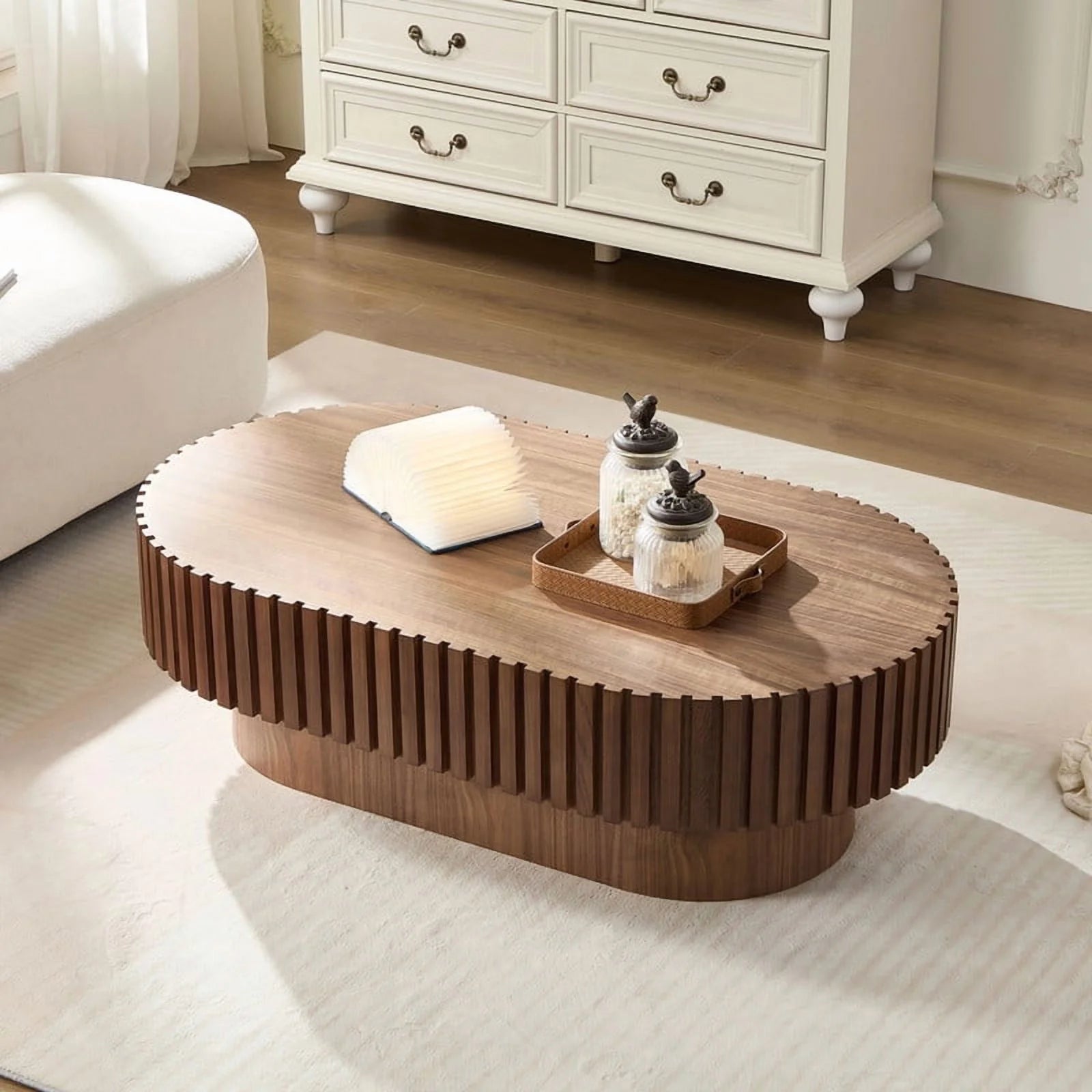 FFH 43.7 inch Oval Coffee Table for Living Room,Handcraft Rustic Corner Coffee Table Nature Wood Relief Sturdy Pedestal for Apartmen,Side Table Centre Table,Nature Wood