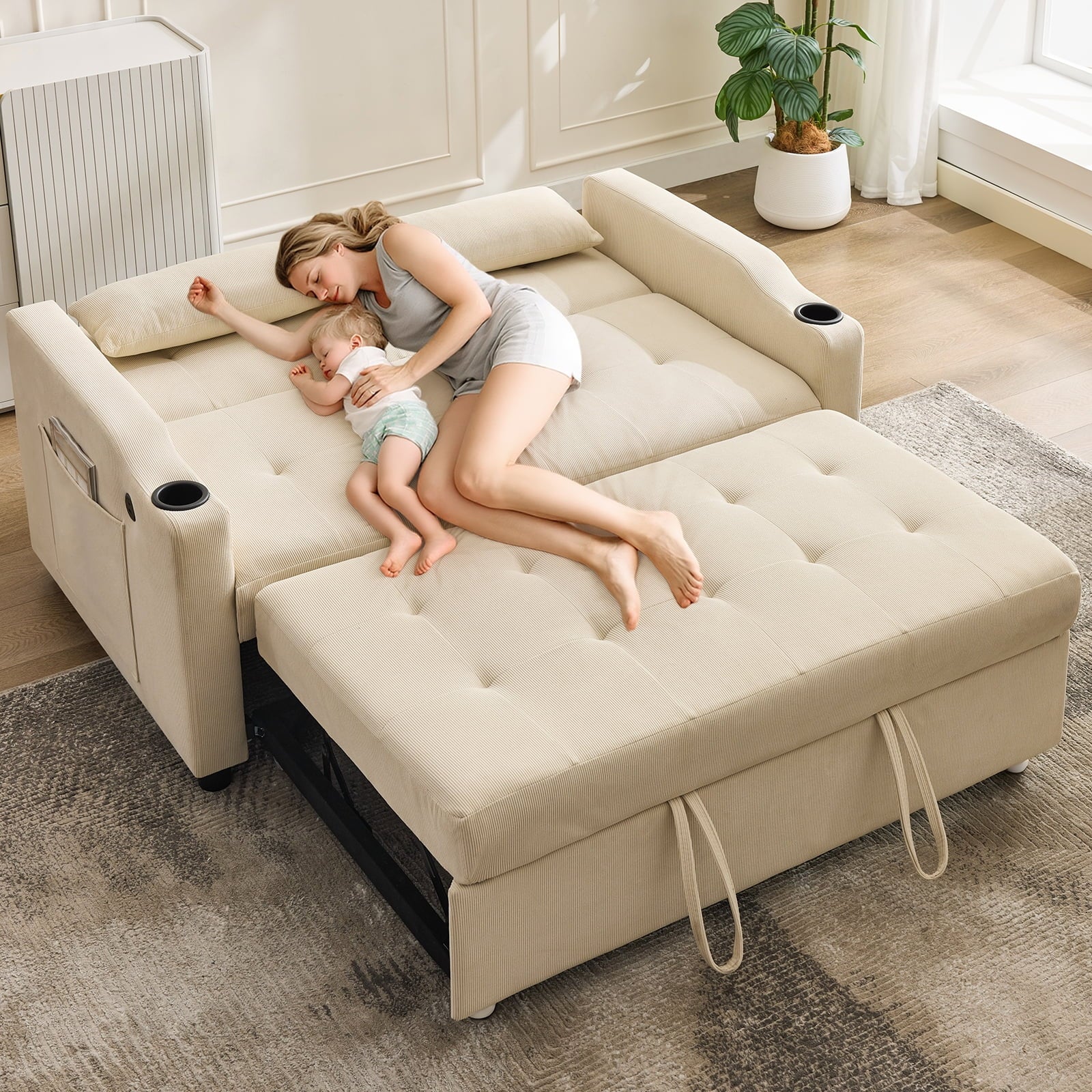 3 in 1 Convertible Sleeper Sofa Bed, Corduroy Futon Couches with Pull-Out Bed, Adjustable Backrest, Charging Port & Side Pockets, Modern Upholstered Sofa for Living Room, Guest Room