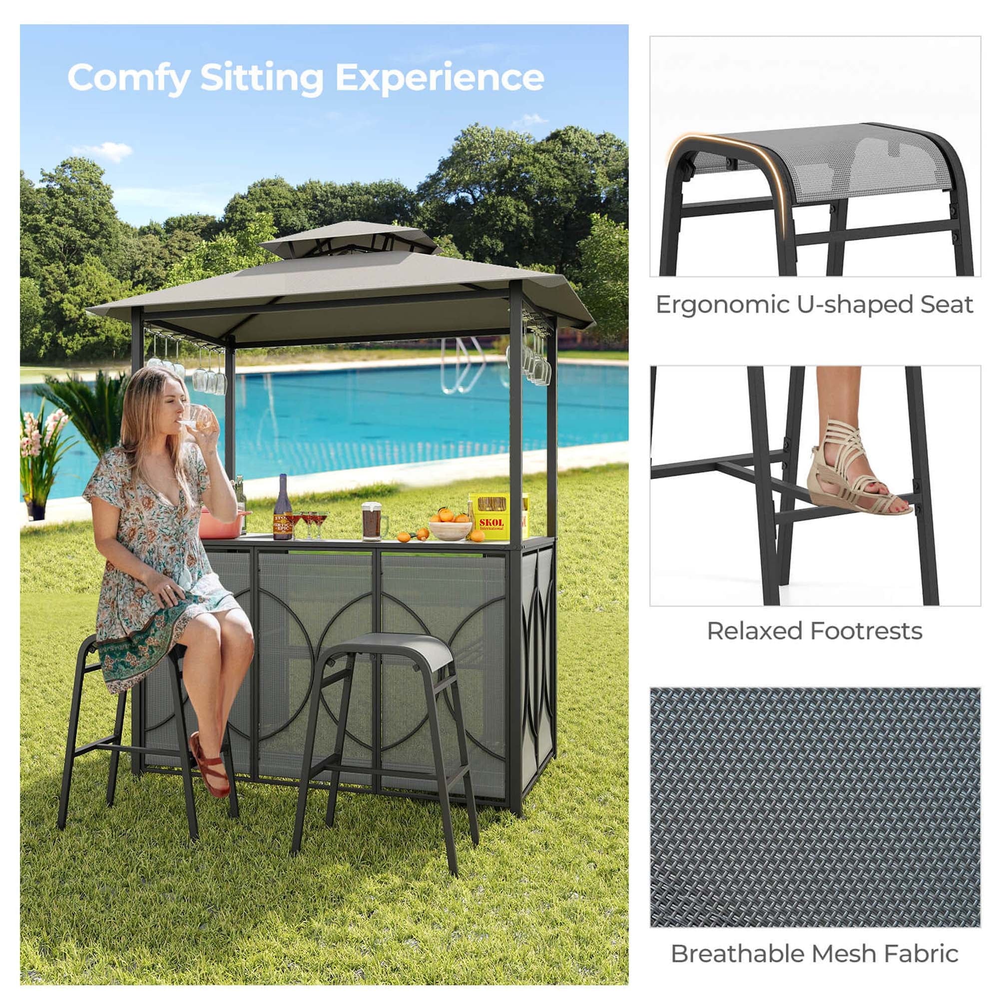 Costway 3 PCS Patio Bar Set with Tempered Glass Bar Table Metal Storage Shelves for Garden Grey