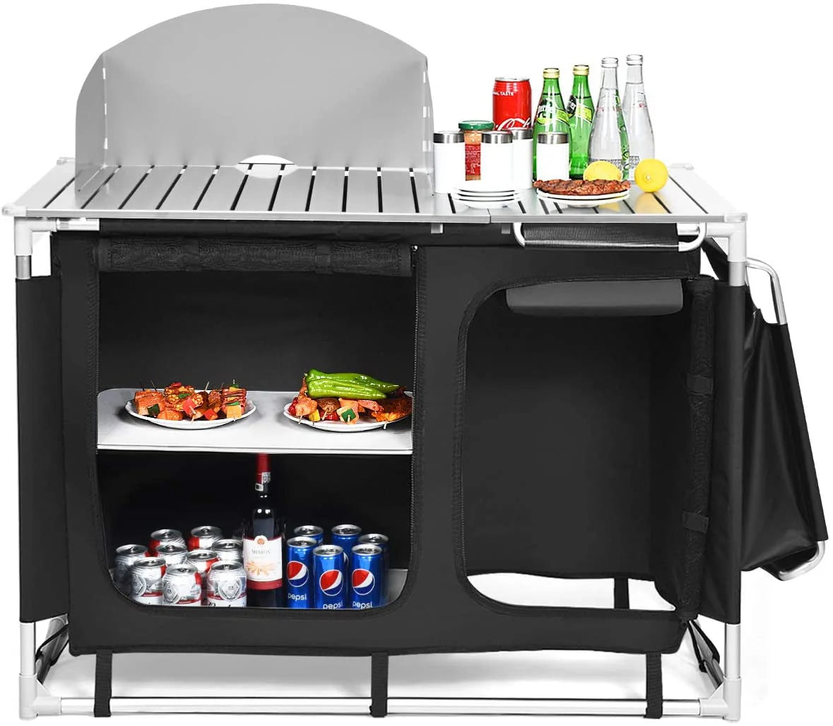 Portable Camping Kitchen Table, Camping Grill Table w/Windscreen & Storage Organizer, Outdoor Kitchen Cook Station with Basin for BBQ, Party, Picnics, Backyards, BBQ Table