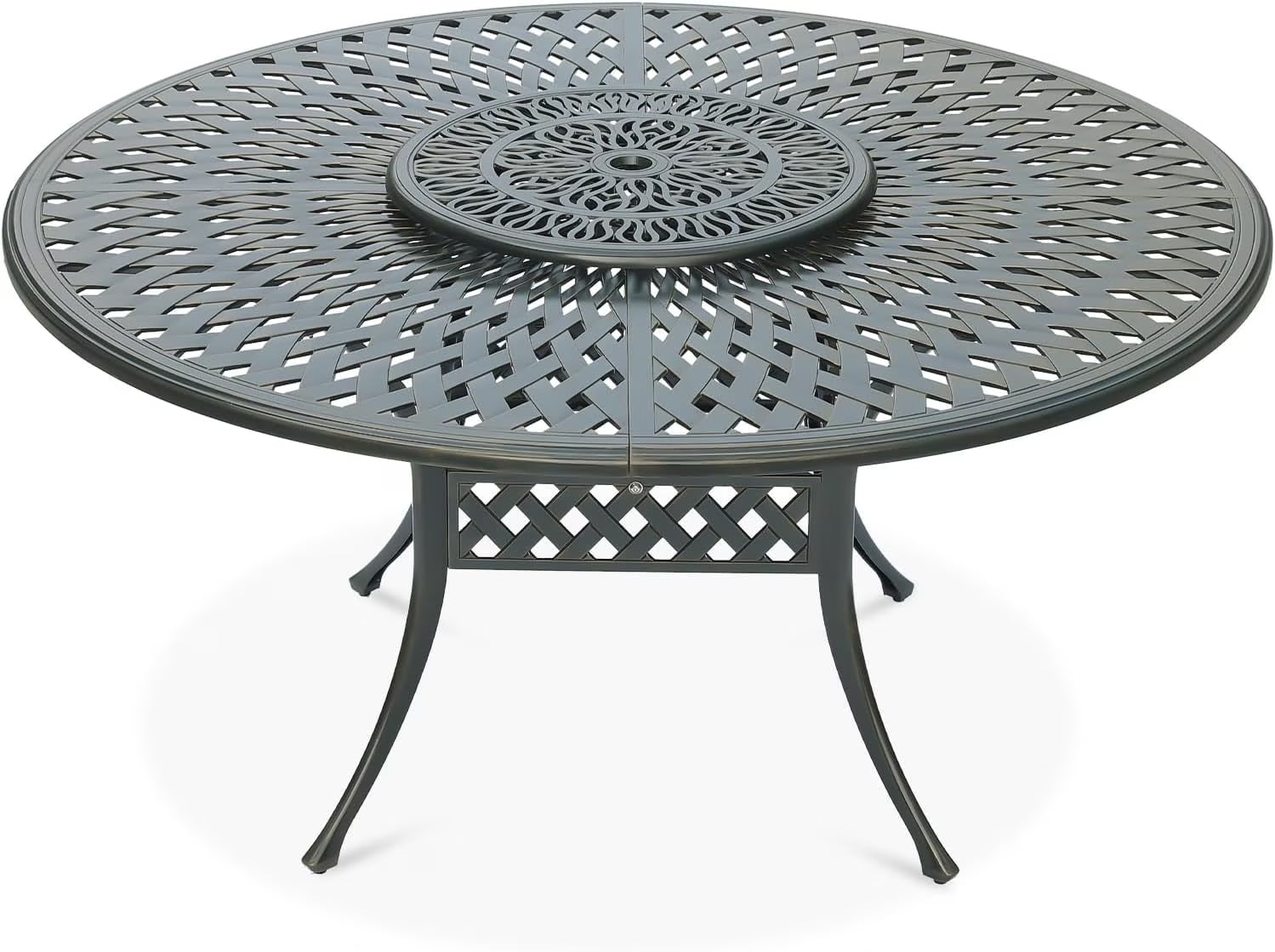 Outdoor 61" Patio Dining Table for 6-8 Person, Large Patio Round Dining Table with 24" Lazy Susan, Dark Bronze Cast Aluminum Rustic Patio Table W/Umbrella Hole for Balcony, Porch and Deck
