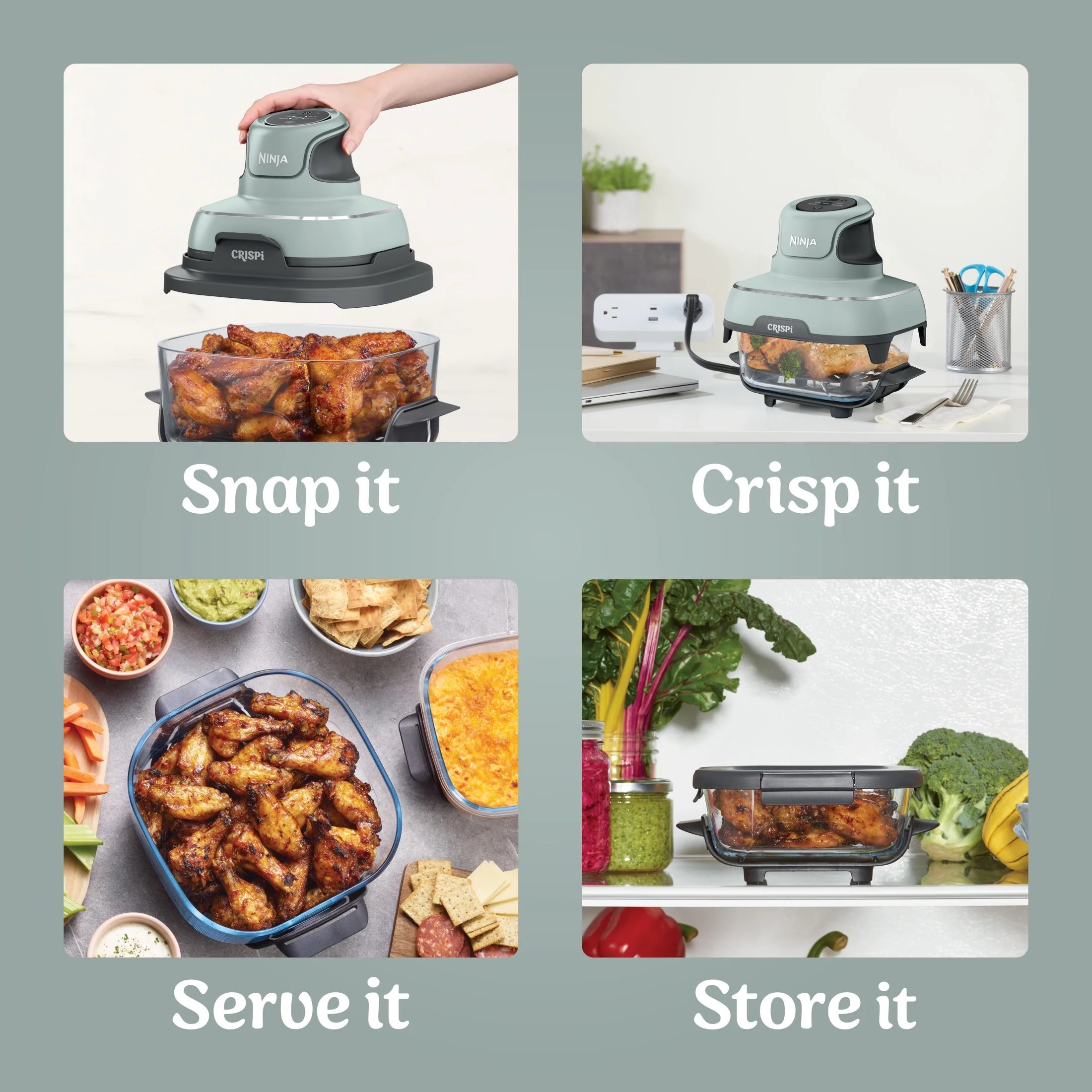 Ninja Crispi 4-in-1 Portable Glass Air Fryer Cooking System, 4-Qt & 6-Cup Containers, Cyberspace