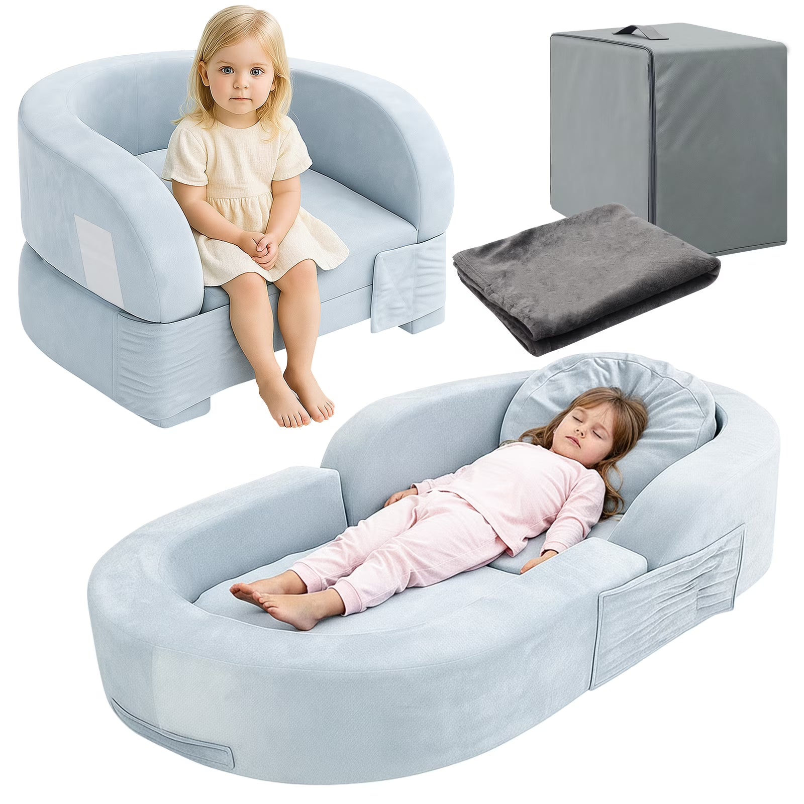 Toddler Travel Bed 2-in-1 Kids Sofa Chair with Removable Cover, Soft Foam Portable Foldable Toddler Bed for Travel with Carrying Bag, Blue