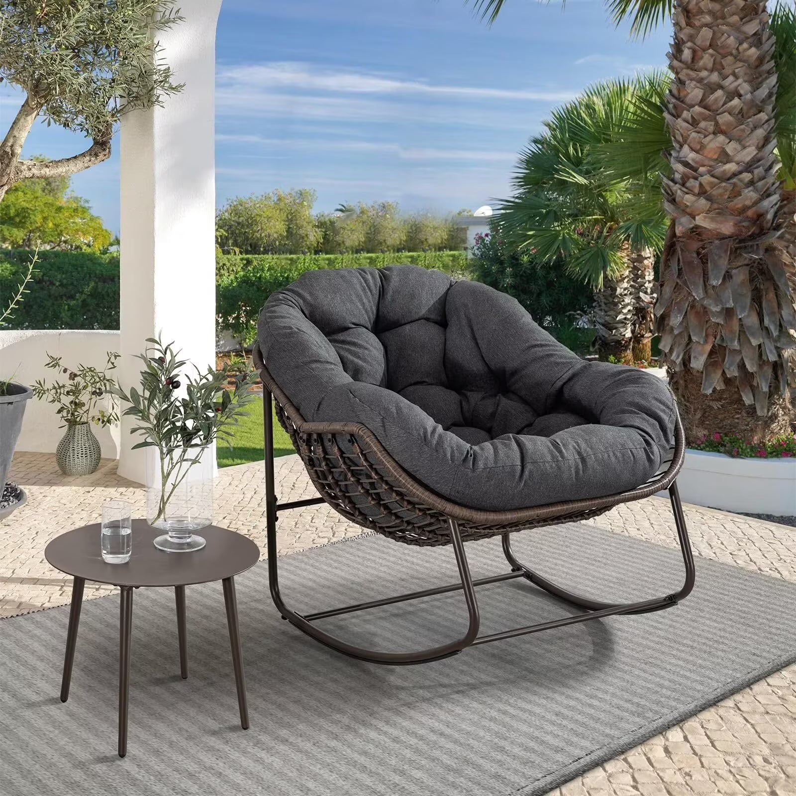 Outdoor Papasan Rocking Chair, Patio Oversized Wicker Egg Rocking Chair, Indoor & Outdoor Comfy Rocker Chair with Thick Cushion, Modern Lounge Chair for Front Porch, Garden, Backyard, Grey