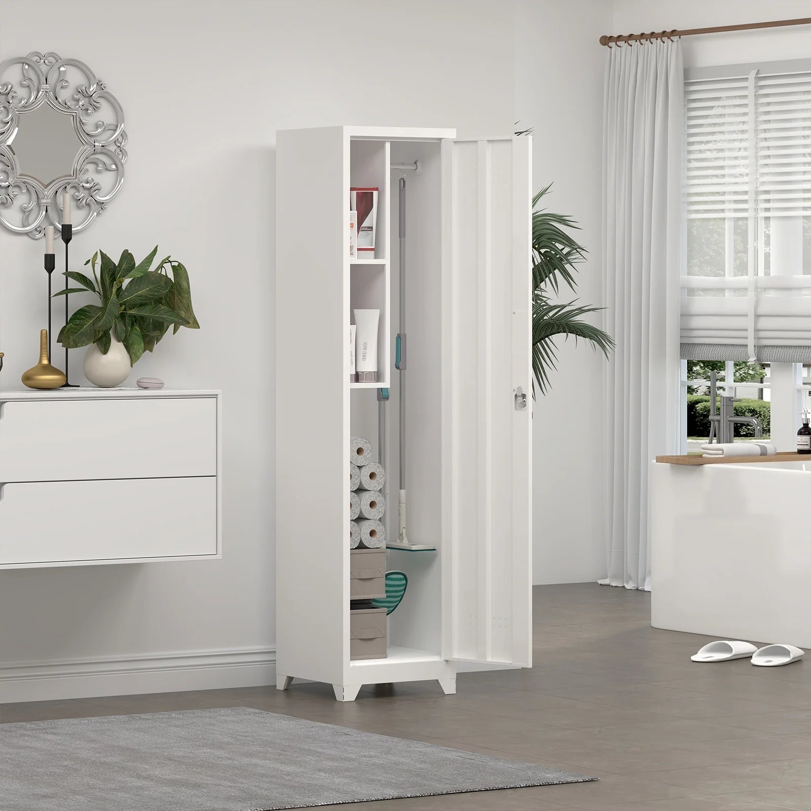 Marcree Slim Broom Storage Cabinet, Metal Cabinet with Shelves and Hanging Rod, 65" Utility Storage Cabinet with Locking Door, Tall Cleaning Storage Cabinet for Kitchen, Pantry, Office, Shop, Garage