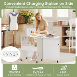 Costway Folding Sewing Table Rolling Craft Station with 3 Storage Bins & Charging Station White+natural