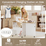 Costway Folding Sewing Table Rolling Craft Station with 3 Storage Bins & Charging Station White+natural