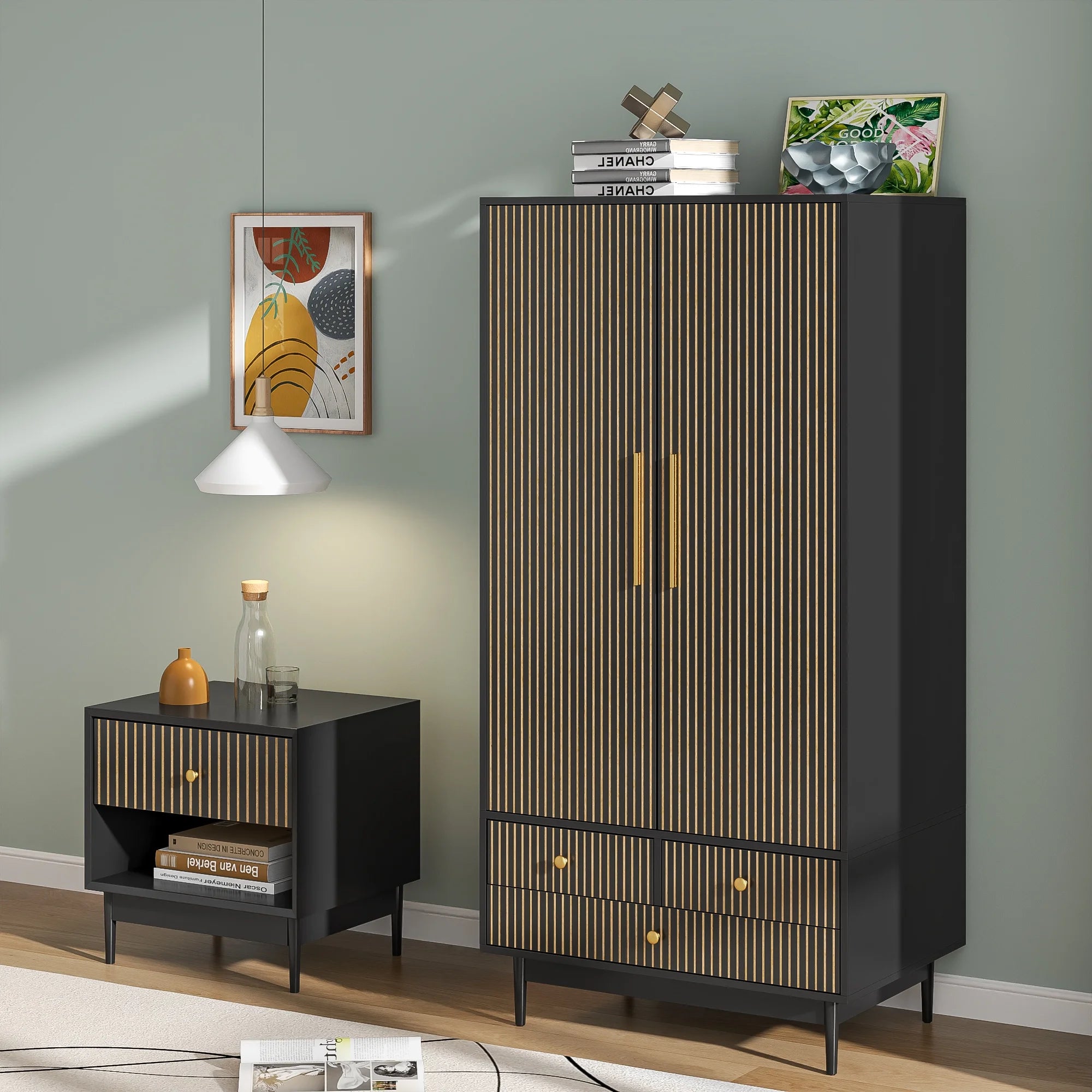 Armoire Wardrobe Closet with 2 Doors, Wardrobe Cabinet with Hanging Rod and Drawers, Wooden Closet for Bedroom, White
