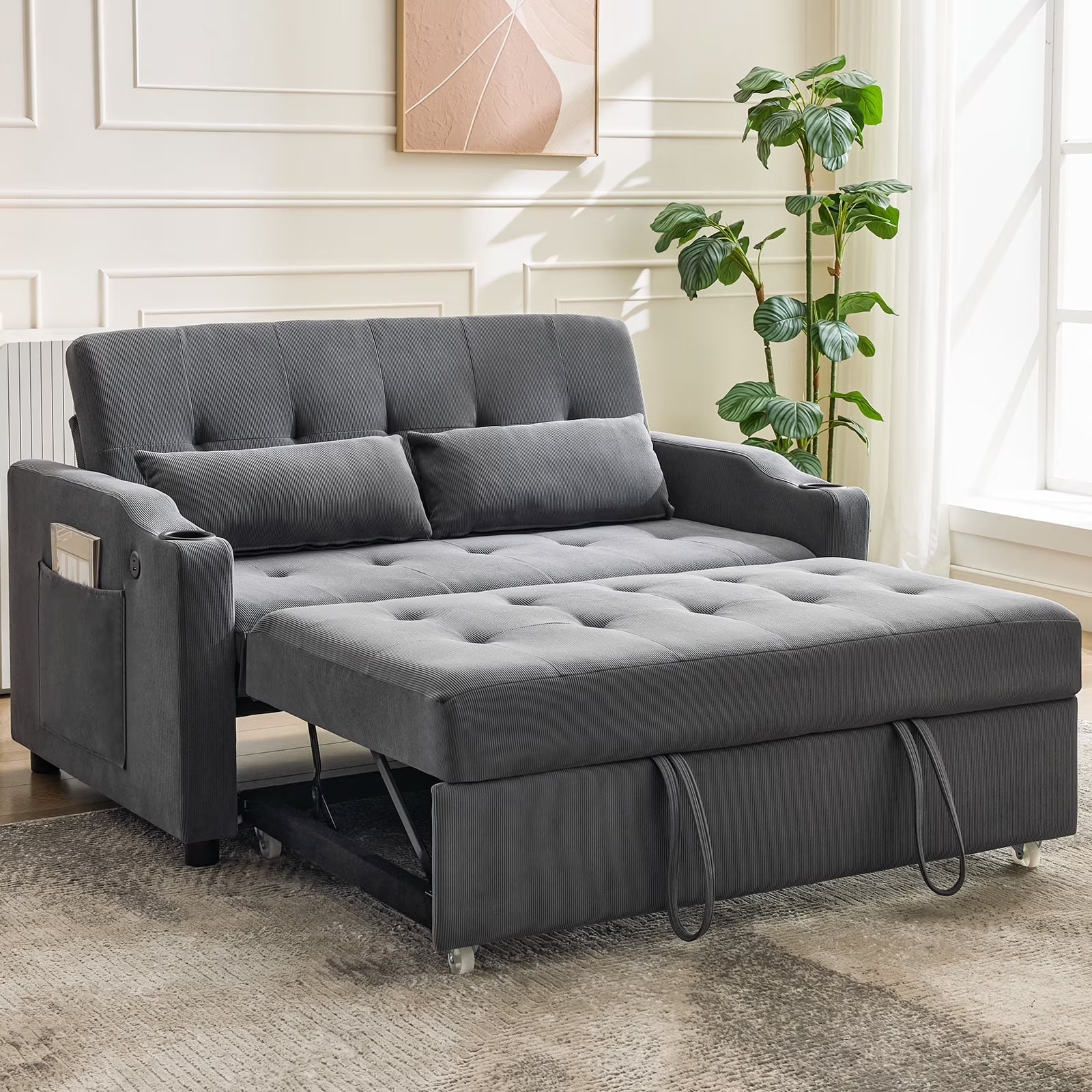 3 in 1 Convertible Sleeper Sofa Bed, Corduroy Futon Couches with Pull-Out Bed, Adjustable Backrest, Charging Port & Side Pockets, Modern Upholstered Sofa for Living Room, Guest Room
