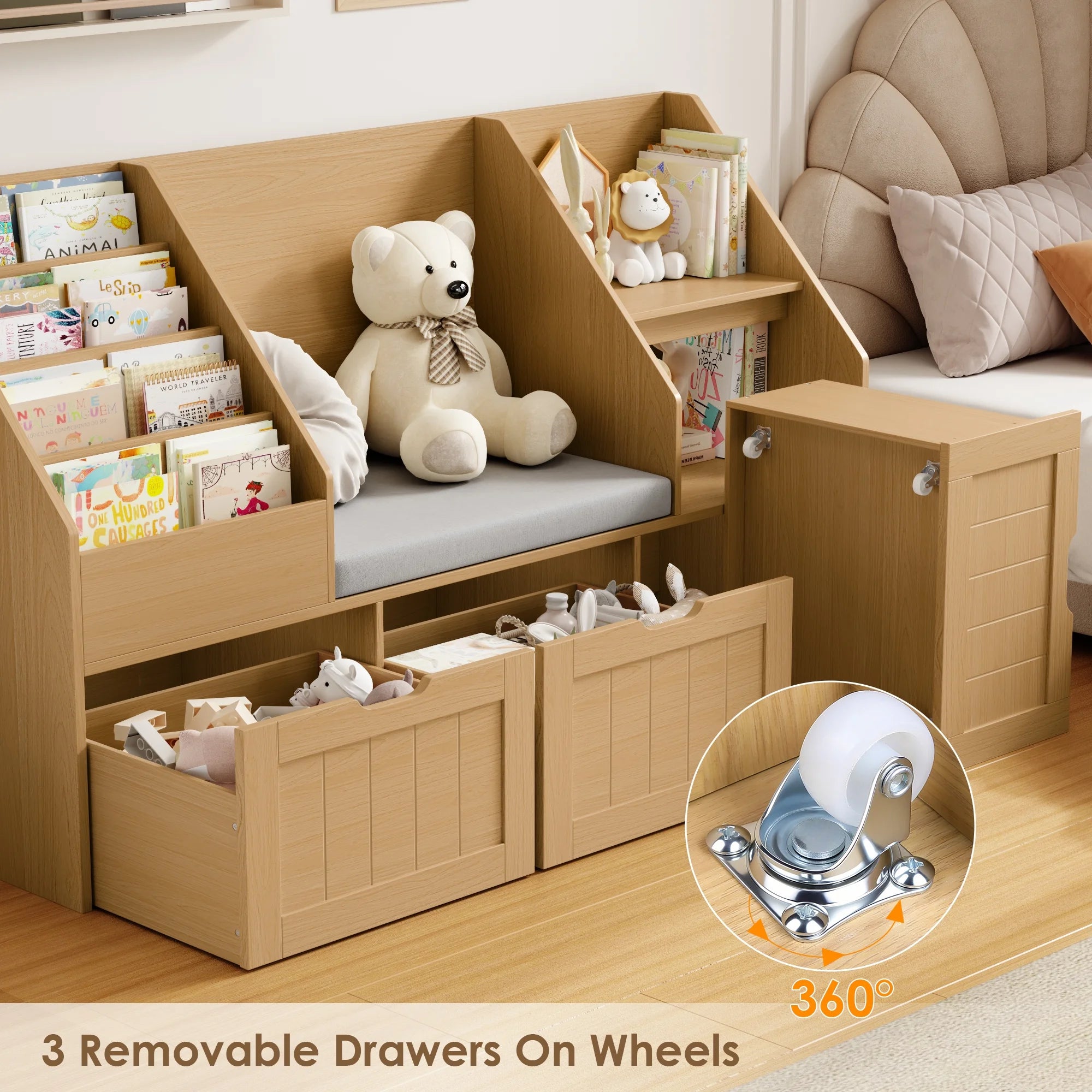 Homfa Kids Bookshelf with Reading Nook & 3 Movable Drawers, 2 Cube Bookcase with 4-Tier Book Racks, Toy Storage Organizer for Playroom Bedroom, White