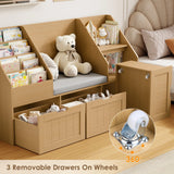 Homfa Kids Bookshelf with Reading Nook & 3 Movable Drawers, 2 Cube Bookcase with 4-Tier Book Racks, Toy Storage Organizer for Playroom Bedroom, White