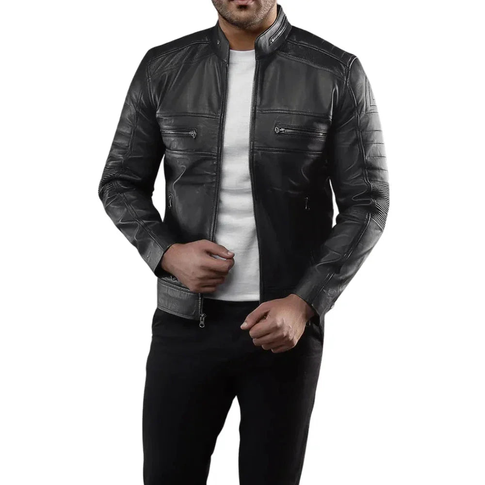 Men's Real Sheepskin Black Cafe Racer Leather Jacket