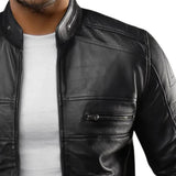 Men's Real Sheepskin Black Cafe Racer Leather Jacket