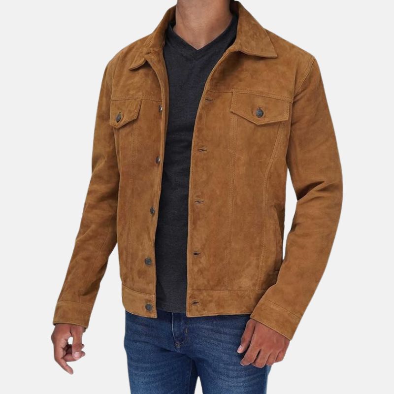 Mens Camel Brown Shirt Style Suede Jacket