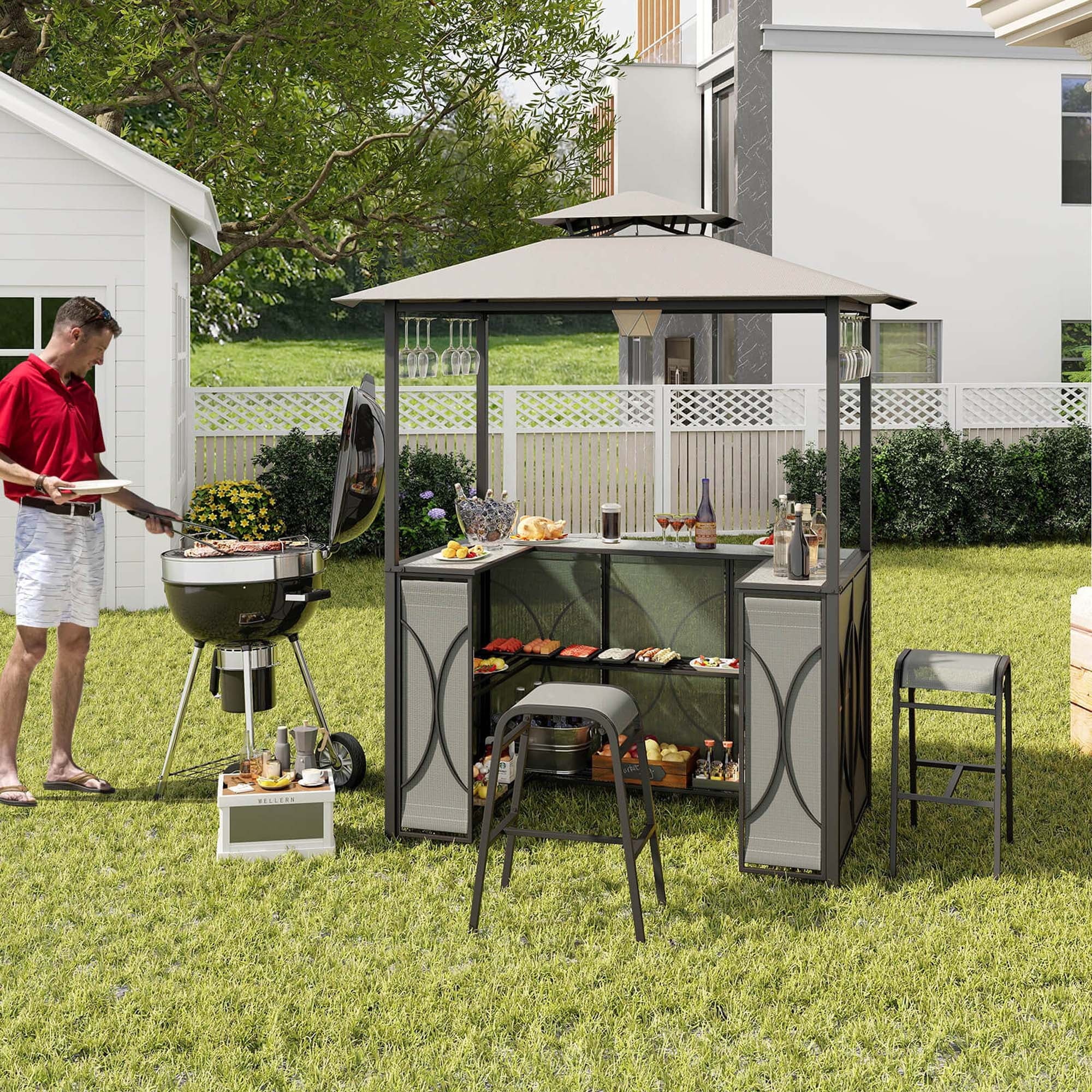 Costway 3 PCS Patio Bar Set with Tempered Glass Bar Table Metal Storage Shelves for Garden Grey
