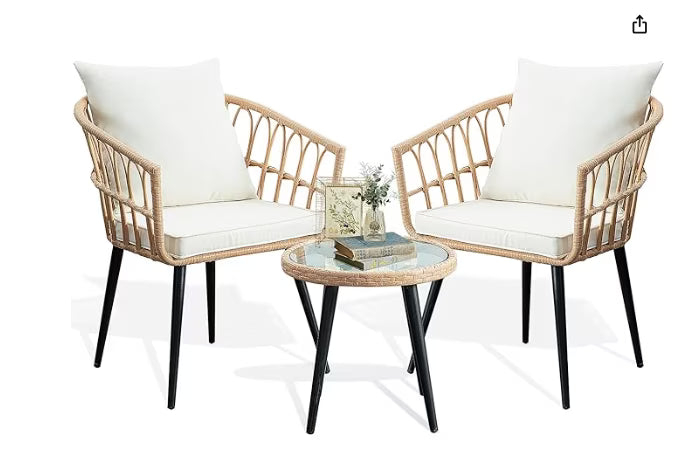 3 Piece Patio Bistro Set, Outdoor Wicker Apartment Balcony Furniture Sets, Rattan Table and Chairs Set of 2 for Porch Backyard Lawn Poolside Deck, Beige