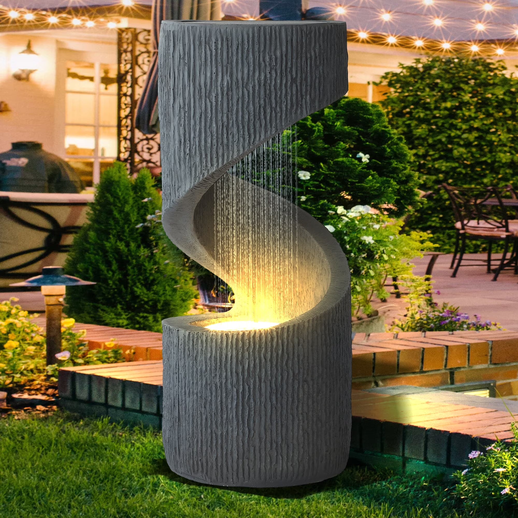 Outdoor S-Shaped Water Fountain, Spiral Waterfall Indoor Fountain Outside Garden Decor with LED Lights & Pump, Curved Patio Resin Fountains for Yard, Deck, Porch and Home Decorations