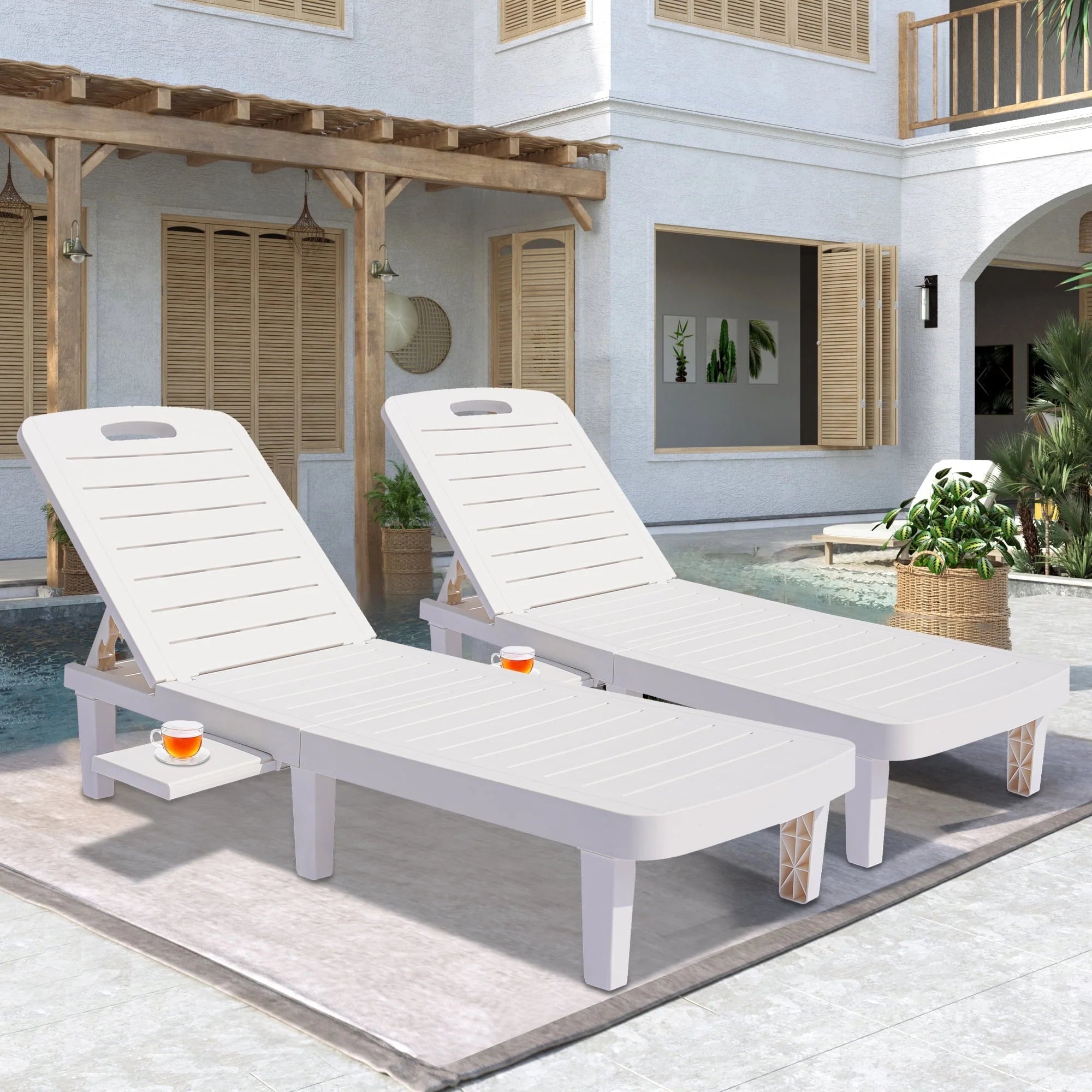 Patio Lounge Chair Set of 2, Adjustable Chaise with Side Table, Outdoor Lounger Recliner for Poolside, Patio, Backyard, Wood Texture Design | Waterproof | Easy to Assemble | Max Weight 330 lbs White