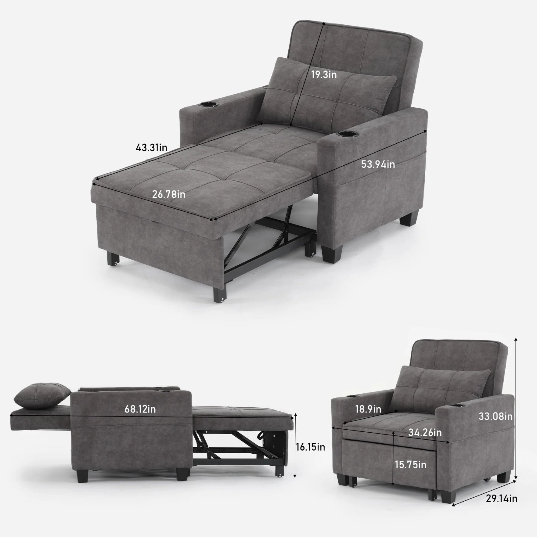 Convertible Futon Sofa Bed, 3-in-1 Multi-Functional Sleeper Chair Bed with USB Ports, Adjustable Backrest Recliner,for Living Room Bedroom Small Space, Tech Cloth, Dark Grey