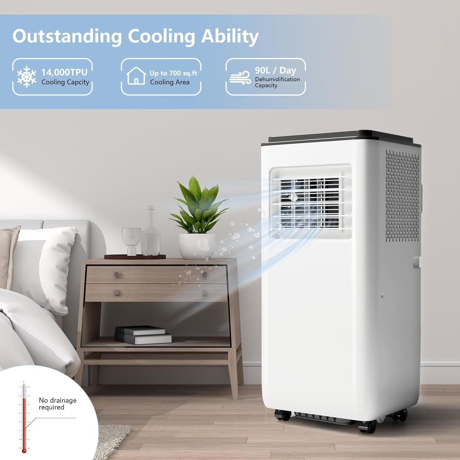 4-In-1 Portable AC with Advanced Filtration - 8000 BTU, Dehumidify, Sleep, Fan Modes, Quiet 54dB, Smart Control, Easy Mobility, Black