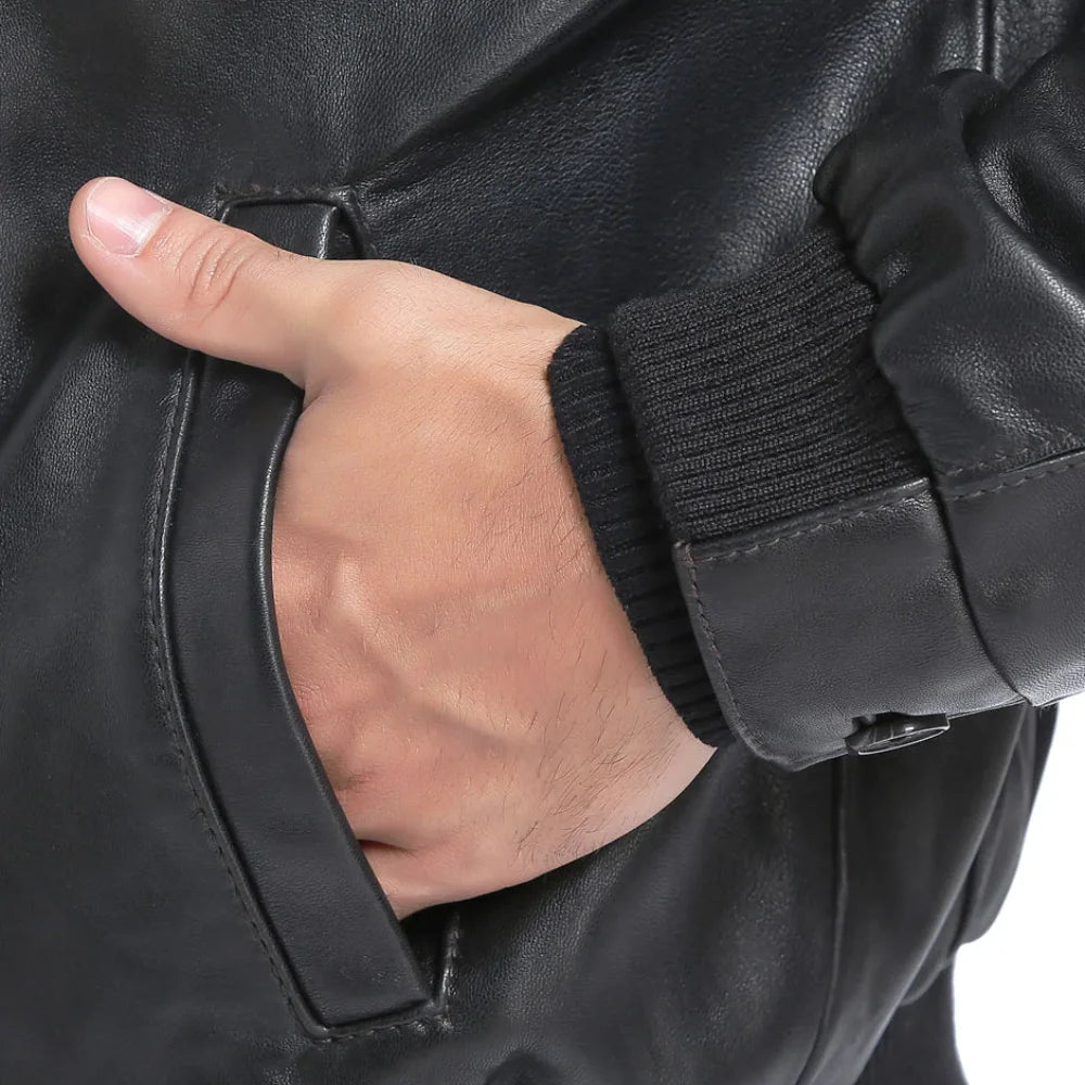 Men's Black Real sheepskin Bomber Leather Jacket