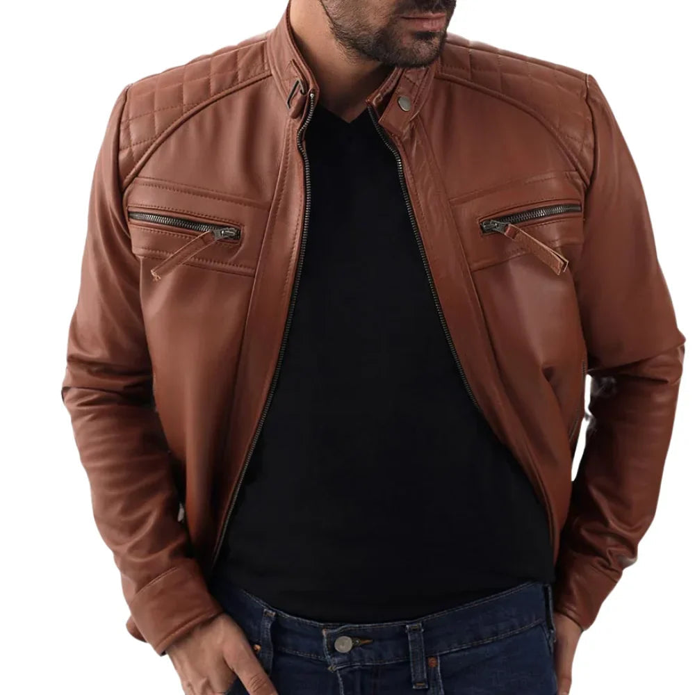 Men's Quilted Shoulders Brown Biker Leather Jacket