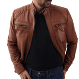 Men's Quilted Shoulders Brown Biker Leather Jacket