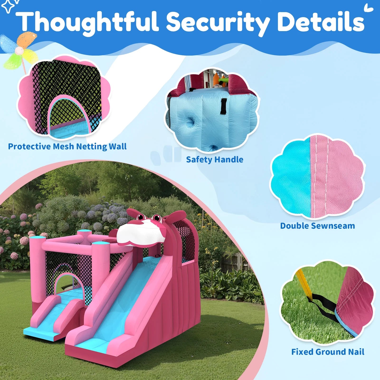 Mukidy 114''x 114'' x 92.5'' Inflatable Bounce Houses for Kids 3-10 with Blower Double Slide and Ball Pit/Indoor Bouncy House, PVC, Child, Teen, Toddler��Blue
