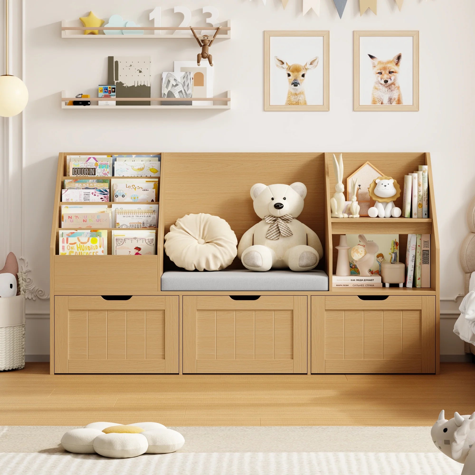Homfa Kids Bookshelf with Reading Nook & 3 Movable Drawers, 2 Cube Bookcase with 4-Tier Book Racks, Toy Storage Organizer for Playroom Bedroom, White