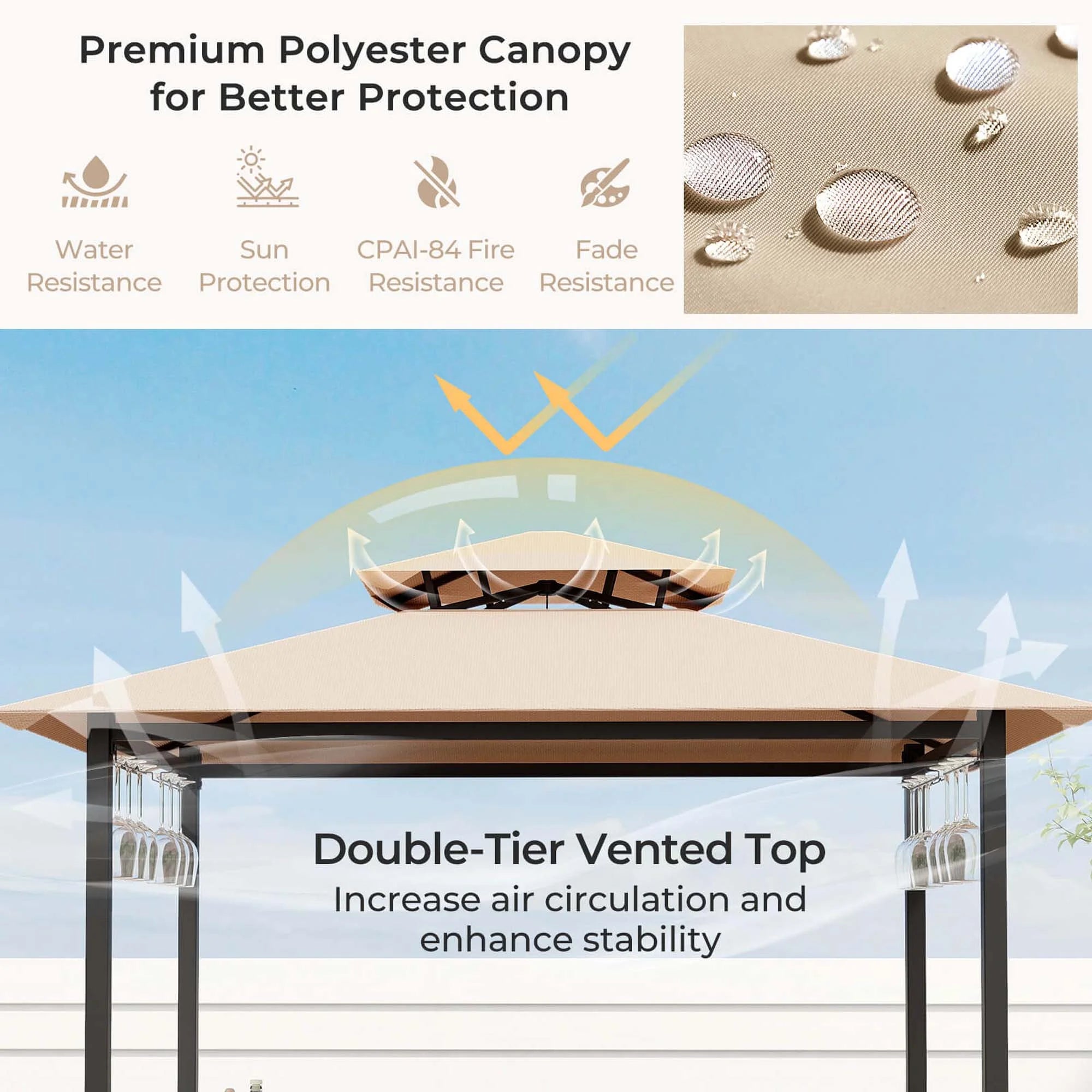 Costway 3 PCS Patio Bar Set with Tempered Glass Bar Table Metal Storage Shelves for Garden Grey