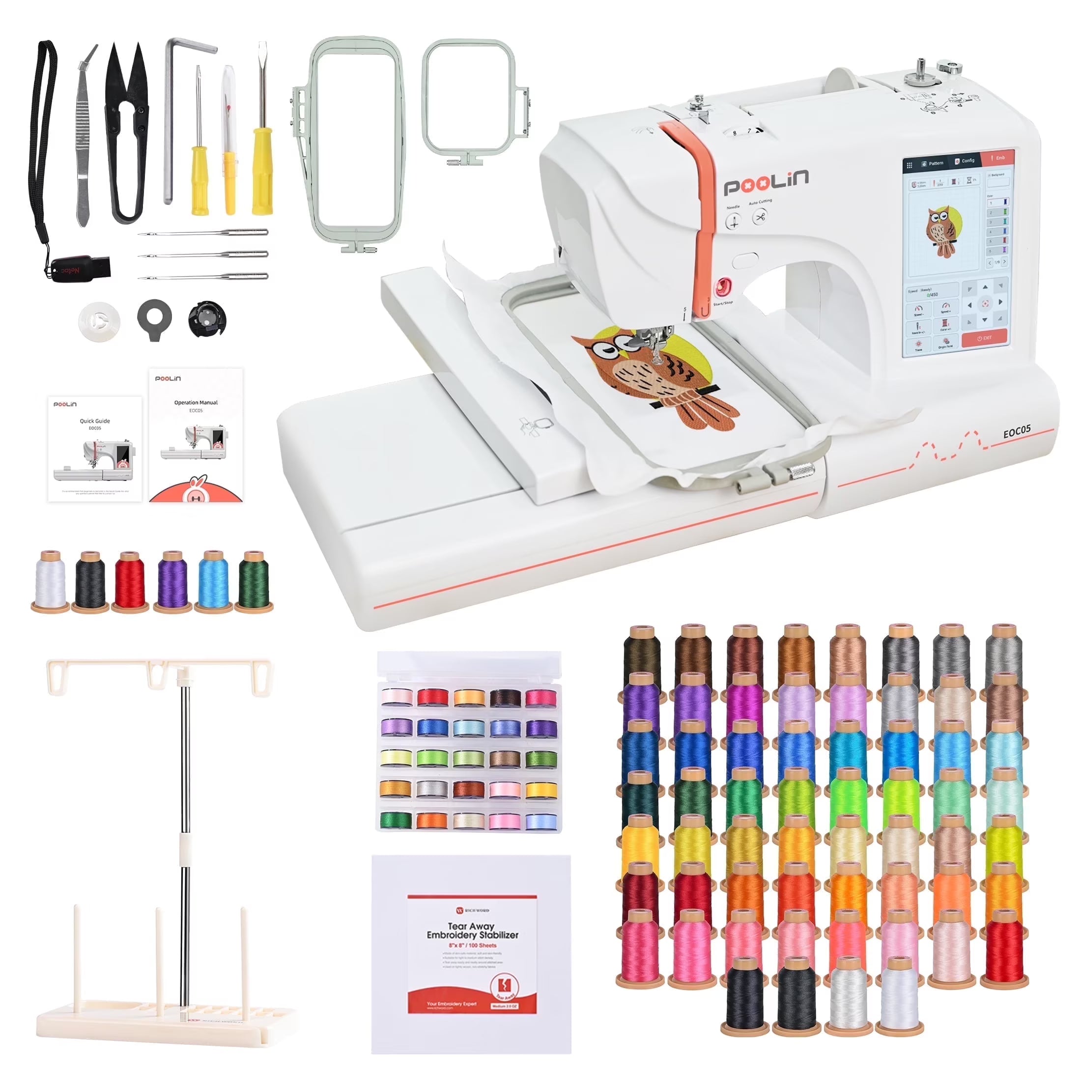 Poolin EOC05 Embroidery Machine 4x9.25" Area, 7" Touch Screen with kit