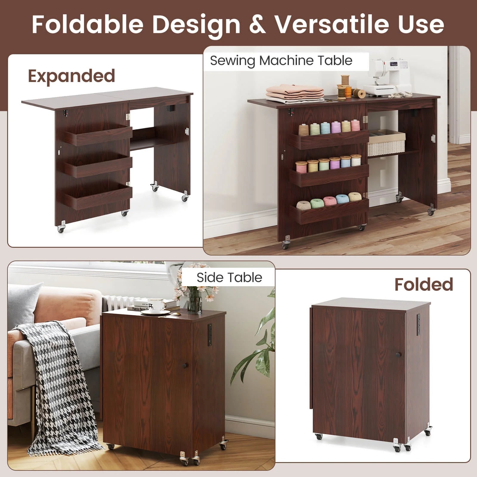 Costway Folding Sewing Table Rolling Craft Station with 3 Storage Bins & Charging Station White+natural